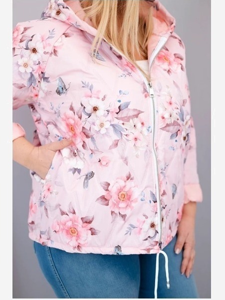 Dámska jarná prešívaná bunda Plus Size s kapucňou a kvetinovým vzorom pudrová ružová