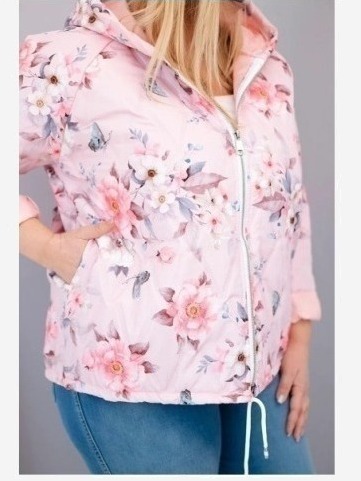 Dámska jarná prešívaná bunda Plus Size s kapucňou a kvetinovým vzorom pudrová ružová