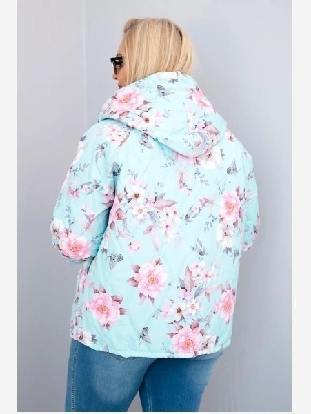 Dámska jarnej prešívanej bunda Plus Size s kapucňou a kvetinovým vzorom mätová