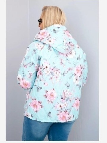Dámska jarnej prešívanej bunda Plus Size s kapucňou a kvetinovým vzorom mätová