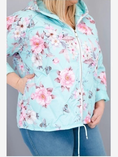Dámska jarnej prešívanej bunda Plus Size s kapucňou a kvetinovým vzorom mätová