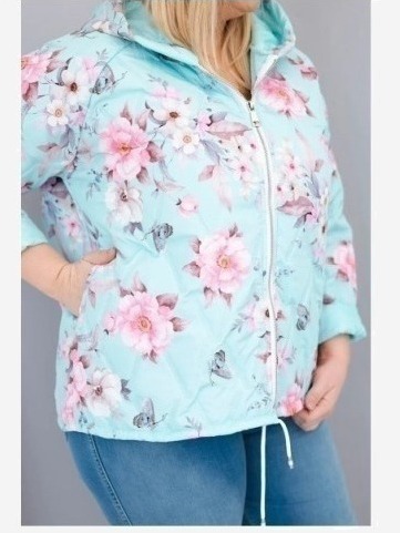 Dámska jarnej prešívanej bunda Plus Size s kapucňou a kvetinovým vzorom mätová