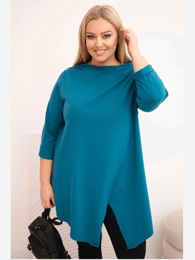 Dámska bavlnená blúzka Plus Size asymetrická s rolovaným rukávom morská