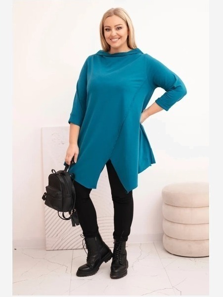 Dámska bavlnená blúzka Plus Size asymetrická s rolovaným rukávom morská