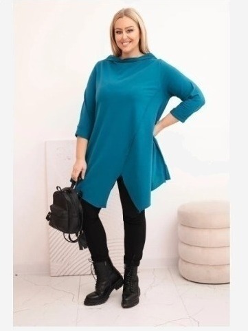 Dámska bavlnená blúzka Plus Size asymetrická s rolovaným rukávom morská