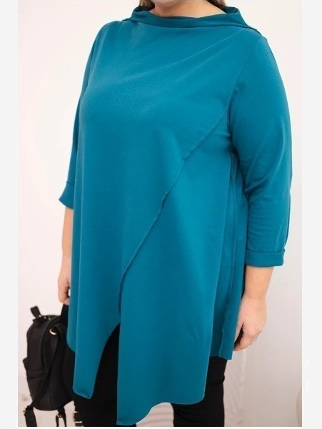 Dámska bavlnená blúzka Plus Size asymetrická s rolovaným rukávom morská