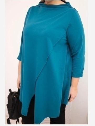 Dámska bavlnená blúzka Plus Size asymetrická s rolovaným rukávom morská