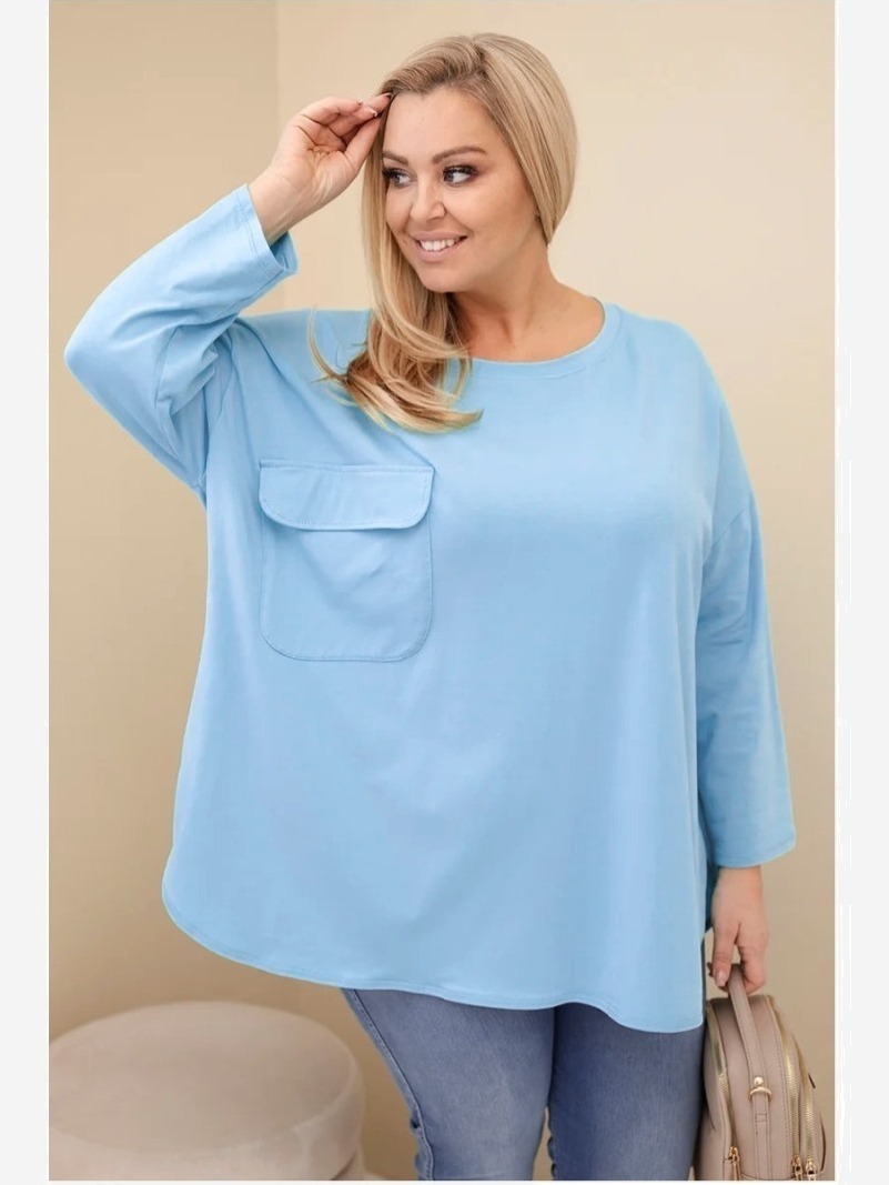 Dámska blúzka Plus Size z bavlnou s vreckom a podhnutým rukávom mätová