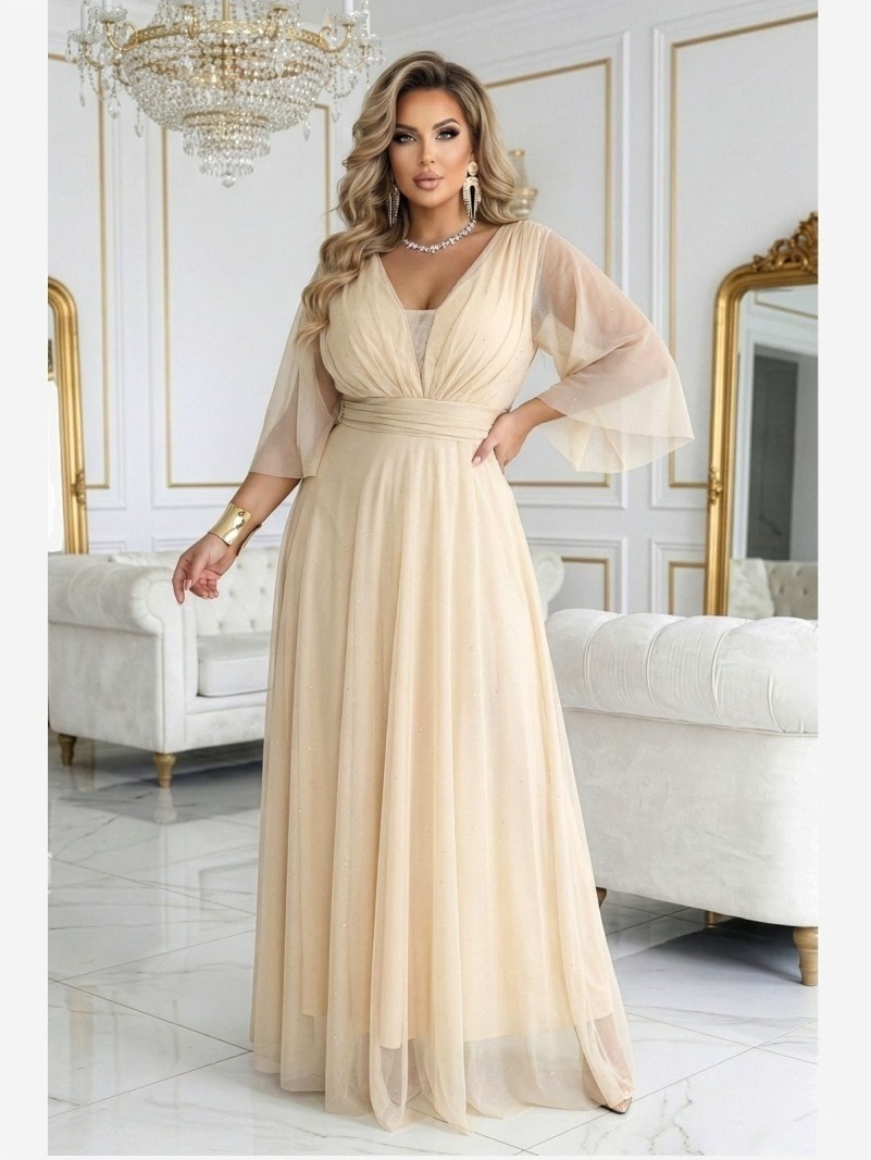 654-2 Dlhé, trblietavé šaty plus size s okrúhlym výstrihom a priehľadnými rukávmi - šampansky béžové