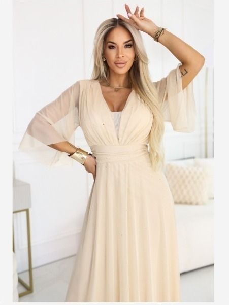 654-2 Dlhé, trblietavé šaty plus size s okrúhlym výstrihom a priehľadnými rukávmi - šampansky béžové