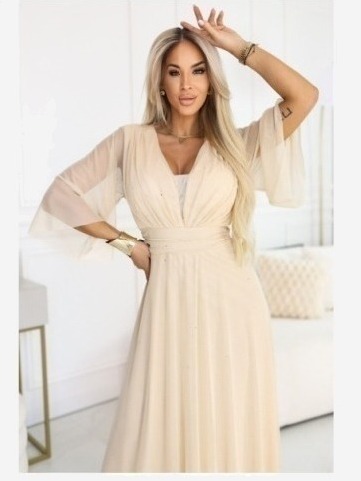 654-2 Dlhé, trblietavé šaty plus size s okrúhlym výstrihom a priehľadnými rukávmi - šampansky béžové
