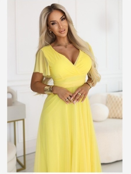 562-8 NASTIA Dlhé šaty s výstrihom, zaväzovaním a krátkymi rukávmi - citrónová limoncello