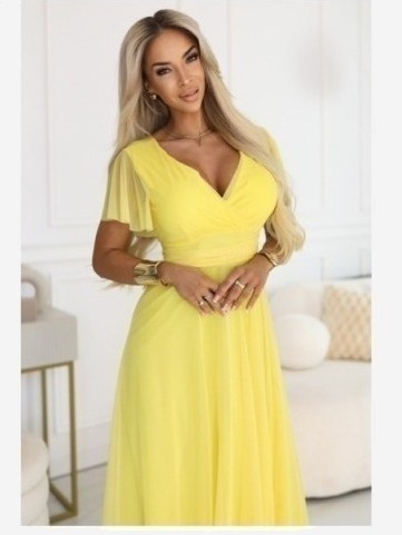 562-8 NASTIA Dlhé šaty s výstrihom, zaväzovaním a krátkymi rukávmi - citrónová limoncello
