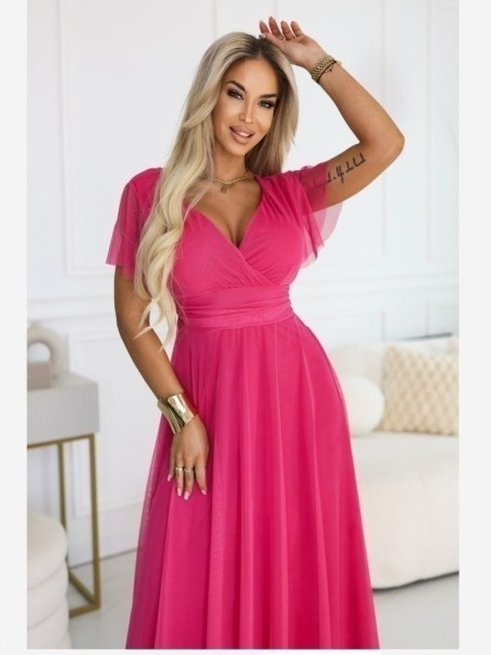 562-9 NASTIA Dlhé šaty s výstrihom, viazaním a krátkymi rukávmi - malinový sorbet
