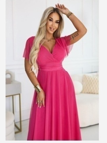 562-9 NASTIA Dlhé šaty s výstrihom, viazaním a krátkymi rukávmi - malinový sorbet
