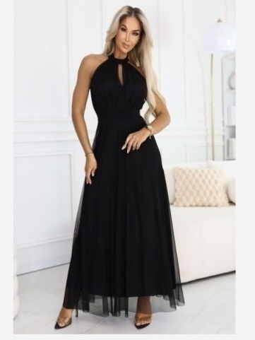 662-2 Elegantné večerné maxi šaty s halter výstrihom, tylom a viazaním v páse - čierne