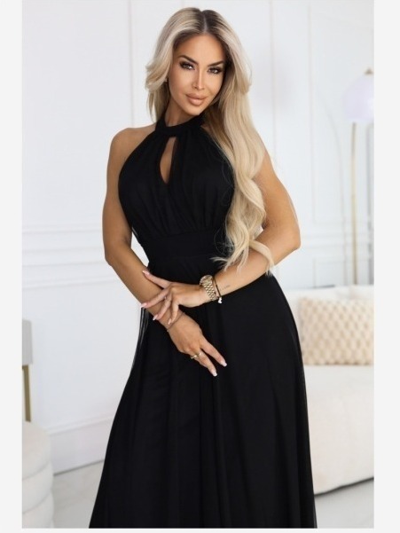 662-2 Elegantné večerné maxi šaty s halter výstrihom, tylom a viazaním v páse - čierne