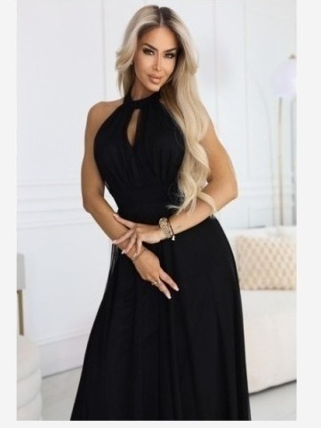 662-2 Elegantné večerné maxi šaty s halter výstrihom, tylom a viazaním v páse - čierne