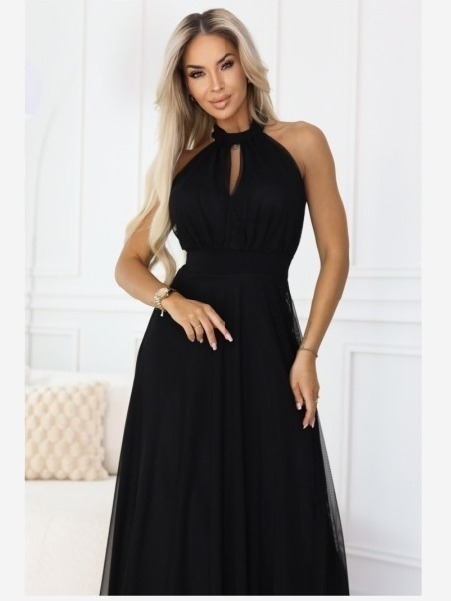 662-2 Elegantné večerné maxi šaty s halter výstrihom, tylom a viazaním v páse - čierne