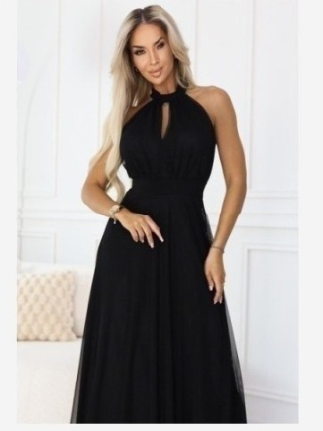 662-2 Elegantné večerné maxi šaty s halter výstrihom, tylom a viazaním v páse - čierne