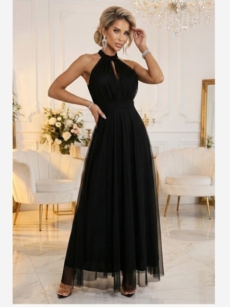 662-2 Elegantné večerné maxi šaty s halter výstrihom, tylom a viazaním v páse - čierne
