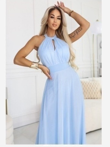 662-1 Elegantné večerné maxi šaty halter so šifónom a viazaním v páse - svetlo modrá
