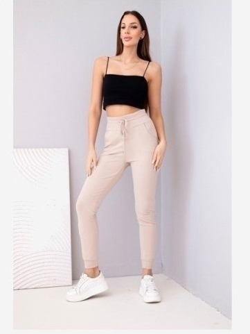 Dámske bavlnené teplákové nohavice s vysokým pásom a so šnúrkou béžové