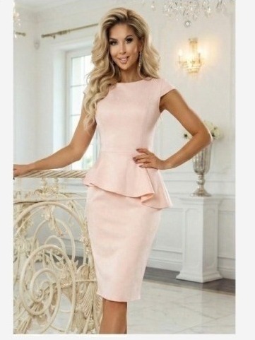 192-17 Elegantné semišové midi šaty s peplum - púdrovo ružová