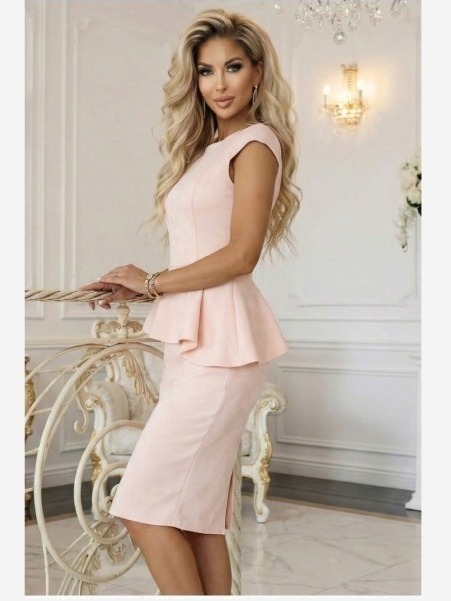 192-17 Elegantné semišové midi šaty s peplum - púdrovo ružová