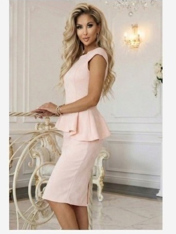 192-17 Elegantné semišové midi šaty s peplum - púdrovo ružová