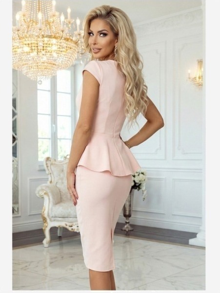 192-17 Elegantné semišové midi šaty s peplum - púdrovo ružová