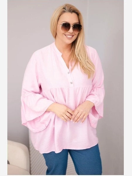 Dámska viskózová blúzka plus size s volánovým rukávom a V-výstrihom cukríková ružová