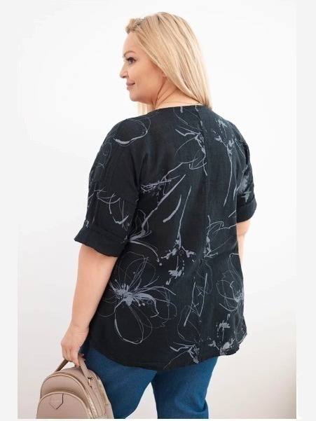 Dámska bavlnená blúzka Plus Size s krátkym rukávom a vreckom čierna