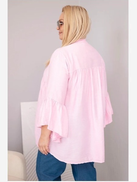 Dámska viskózová blúzka plus size s volánovým rukávom a V-výstrihom cukríková ružová