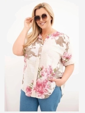 Dámska bavlnená blúzka Plus Size s výstrihom do V s kvetinovým vzorom béžová
