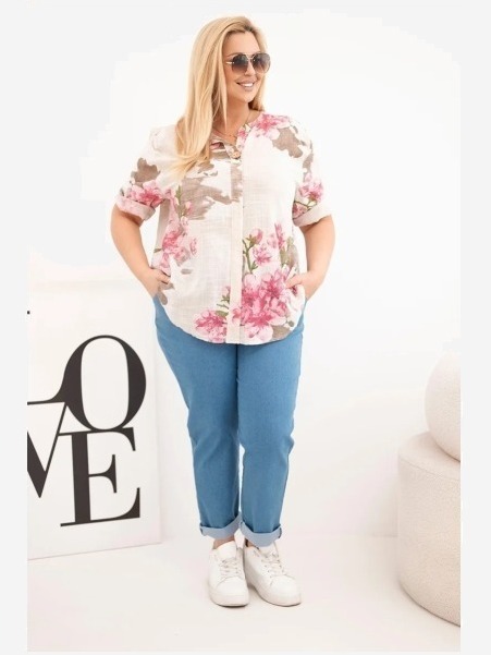 Dámska bavlnená blúzka Plus Size s výstrihom do V s kvetinovým vzorom béžová