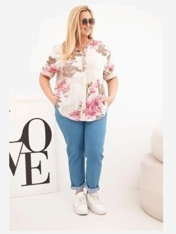 Dámska bavlnená blúzka Plus Size s výstrihom do V s kvetinovým vzorom béžová