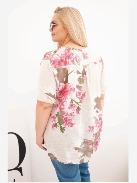 Dámska bavlnená blúzka Plus Size s výstrihom do V s kvetinovým vzorom béžová