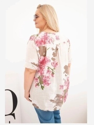 Dámska bavlnená blúzka Plus Size s výstrihom do V s kvetinovým vzorom béžová