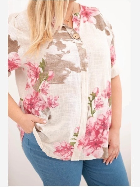 Dámska bavlnená blúzka Plus Size s výstrihom do V s kvetinovým vzorom béžová