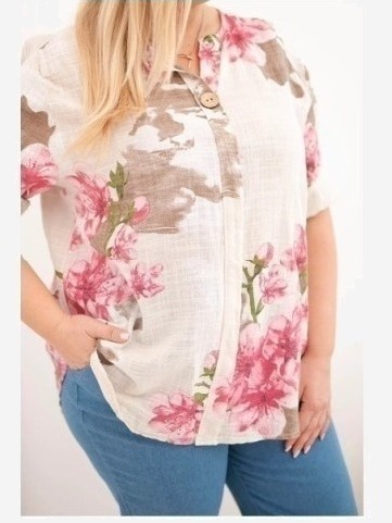 Dámska bavlnená blúzka Plus Size s výstrihom do V s kvetinovým vzorom béžová