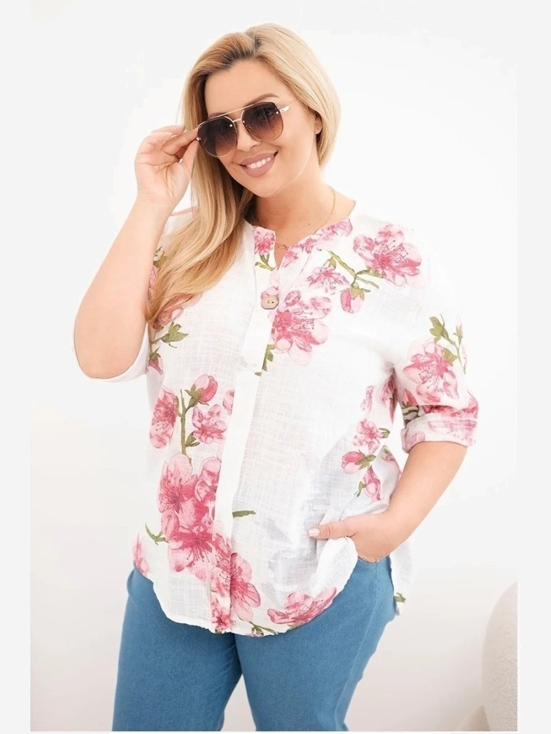 Dámska bavlnená blúzka Plus Size s výstrihom do V s kvetinovým vzorom biela