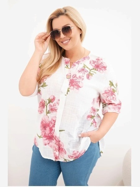 Dámska bavlnená blúzka Plus Size s výstrihom do V s kvetinovým vzorom biela