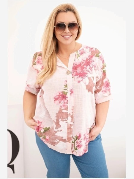 Dámska bavlnená blúzka Plus Size s výstrihom do V v kvetinovom vzore púdrová ružová