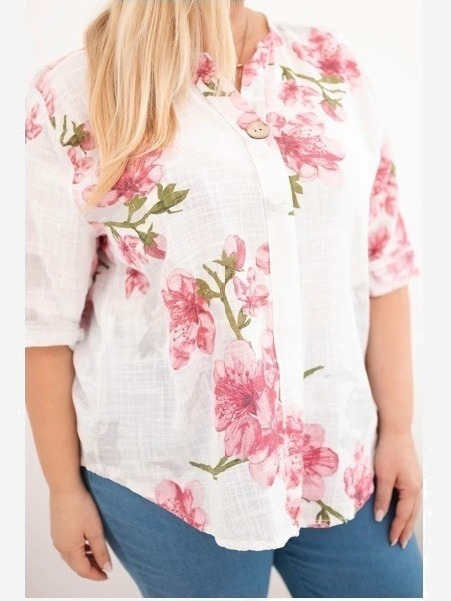 Dámska bavlnená blúzka Plus Size s výstrihom do V s kvetinovým vzorom biela