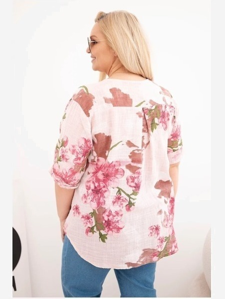 Dámska bavlnená blúzka Plus Size s výstrihom do V v kvetinovom vzore púdrová ružová