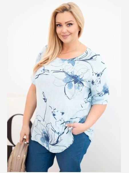 Dámska bavlnená blúzka Plus Size s krátkym rukávom a vreckom modrá