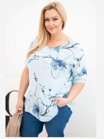 Dámska bavlnená blúzka Plus Size s krátkym rukávom a vreckom modrá