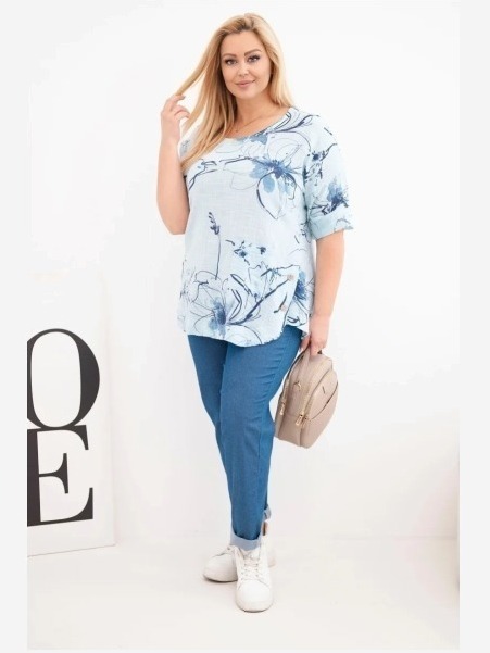 Dámska bavlnená blúzka Plus Size s krátkym rukávom a vreckom modrá