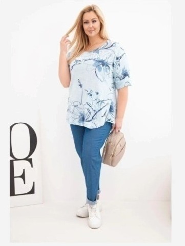 Dámska bavlnená blúzka Plus Size s krátkym rukávom a vreckom modrá